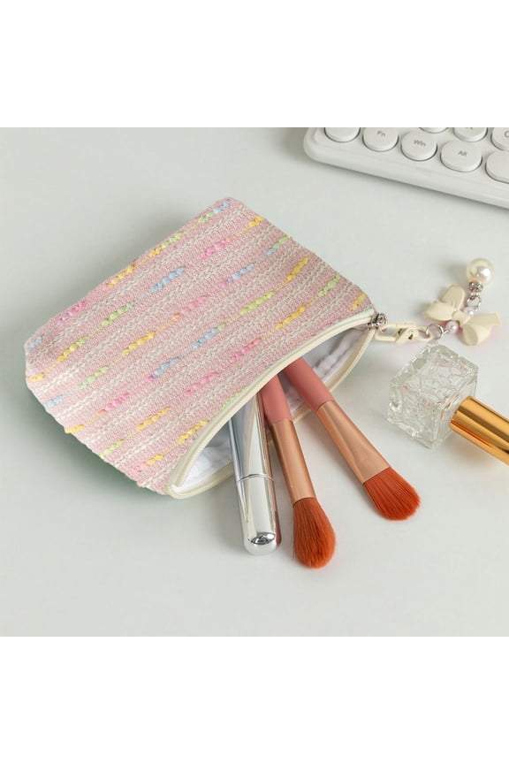 Pink Striped Color-Blocked Cosmetic Bag - Knitted Polyester, Waterproof Zipper, Mini Portable Ins Style Multi-Functional Coin Purse for Travel/Commute (6.3x4.3x1.2in)