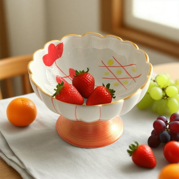 Litrail Red Ceramic Pedestal Fruit Bowl - Chinese Style Multifunctional Serving Tray for Dessert, Tea, Countertop Decor & Outdoor Picnic (4.72in)