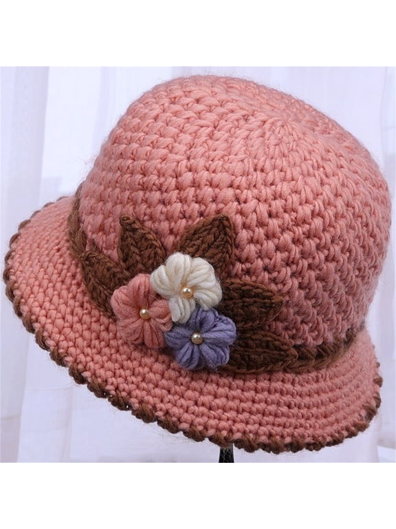 Senior Women's Winter Beanie - Floral Knitted, Ear Flaps, Fleece Lined, Double Layer Warm Hat, One Size Fits Most