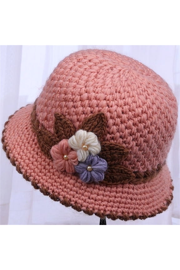 Senior Women's Winter Beanie - Floral Knitted, Ear Flaps, Fleece Lined, Double Layer Warm Hat, One Size Fits Most