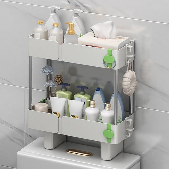 Litrail Over The Toilet Organizer No Drill - 2-Tier Suction Cup Adhesive Bathroom Storage Rack with Raised Edge, Waterproof Stainless Steel Plastic Gray Bath Shelf
