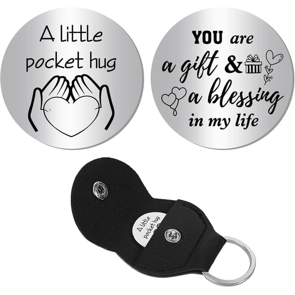A Litte Pocket Hug Token Long Distance Relationship Keepsake Engraved Double Sided Heart Pocket Token Coin Sign with Leather Keychains DIY for Daughter Friend Encouragement Gift 1.2x1.2Inch