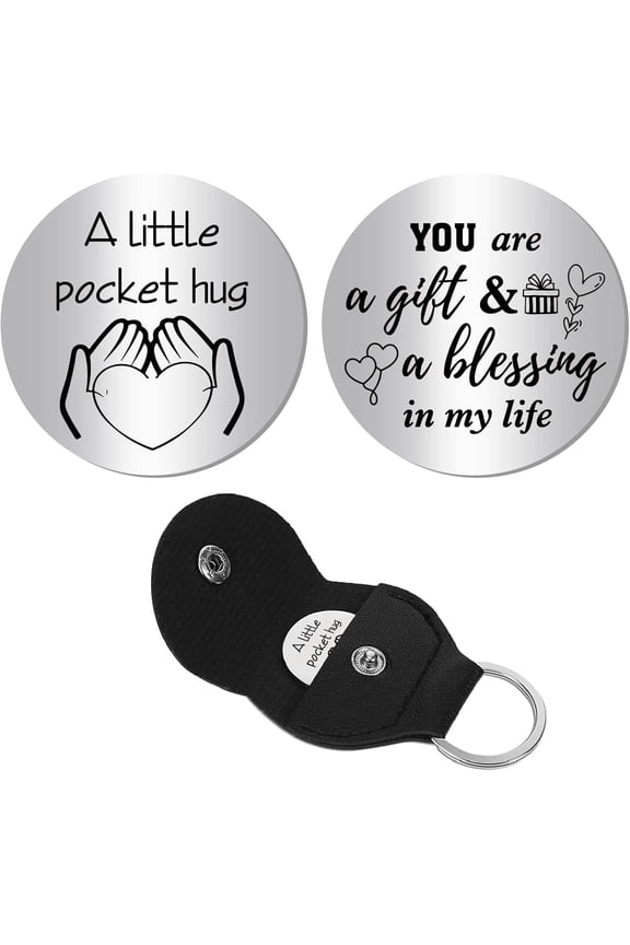 A Litte Pocket Hug Token Long Distance Relationship Keepsake Engraved Double Sided Heart Pocket Token Coin Sign with Leather Keychains DIY for Daughter Friend Encouragement Gift 1.2x1.2Inch
