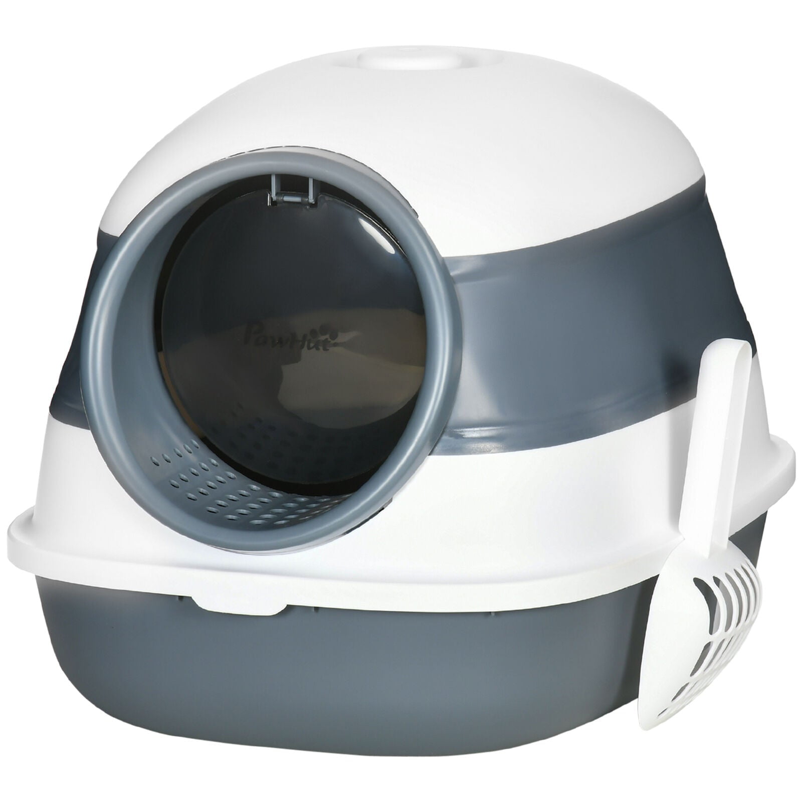 White and Gray Enclosed Plastic Cat Litter Box with Scoop