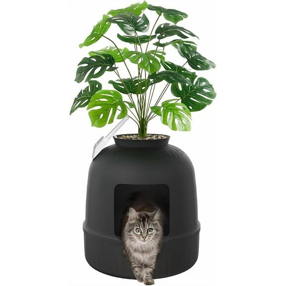 MY  Litter Box Cat with Faux Plant & Scoop, Hidden Enclosure Litter Tray with Odor Control & Carbon Filter in Living Room, Bedroom, Corner, Black