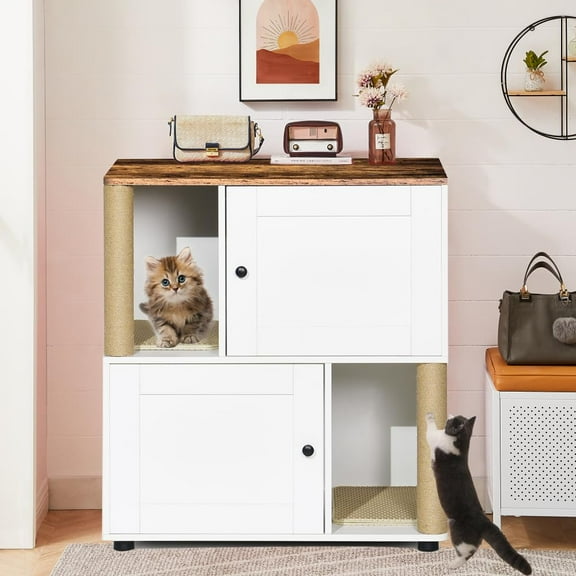 Litter Box Enclosure for 2 Cats, Hidden Double Litter Box Enclosure Furniture with Scratching Post, Wooden Cat Washroom Furniture, Indoor Pet House End Table, Fit Most of Litter Box