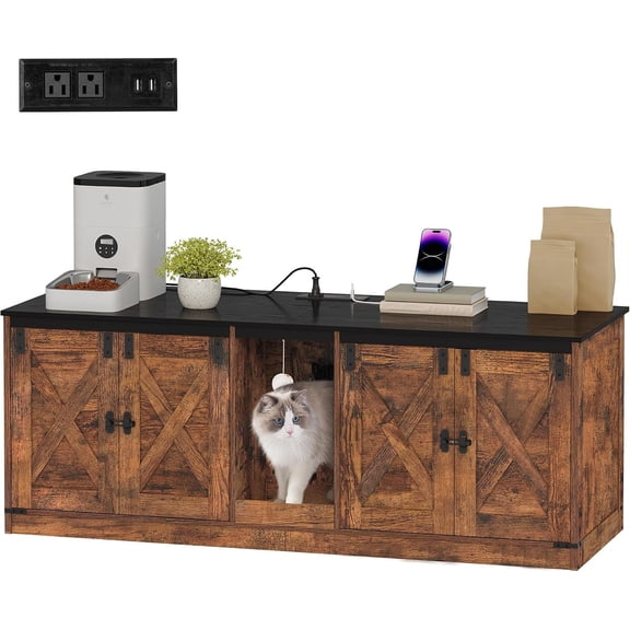 Litter Box Enclosure for 2 Cats, Litter Box Cabinet with Scratch Pad, Washroom with USB & Power Outlets, , TV Stand Side Table, Rustic Brown CB82501X