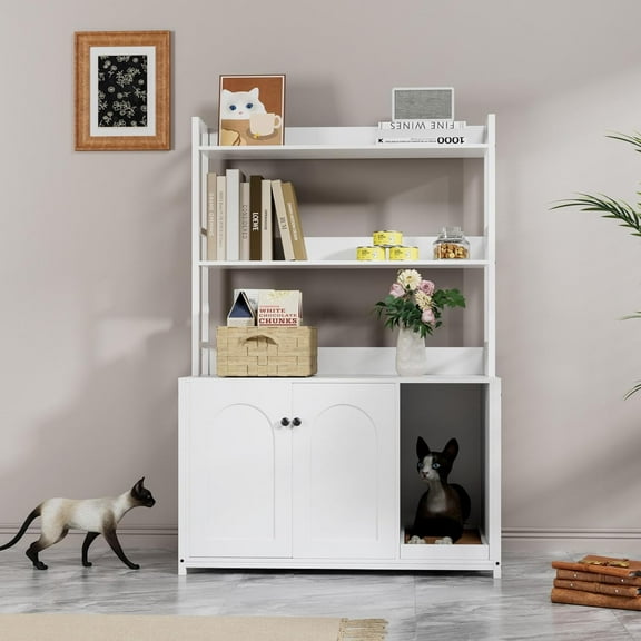 Litter Box Enclosure with 2 Storage Shelves White Hidden Cat Litter Box Furniture with Scratch Pad, Indoor Cat House Kitty Box Washroom Cat Bookshelf Cabinet