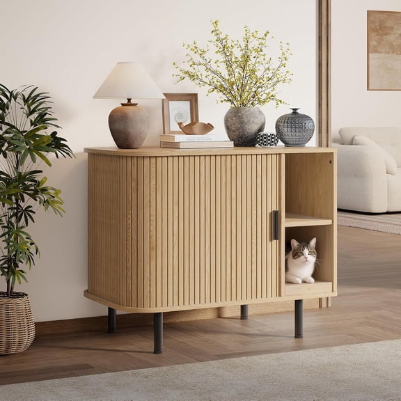 Litter Box Enclosure, 31.8" Kitty  Litter Box Furniture with Scratch Pad, Modern Indoor  House, Sliding Door, Adjustable Shelf for  Proof,