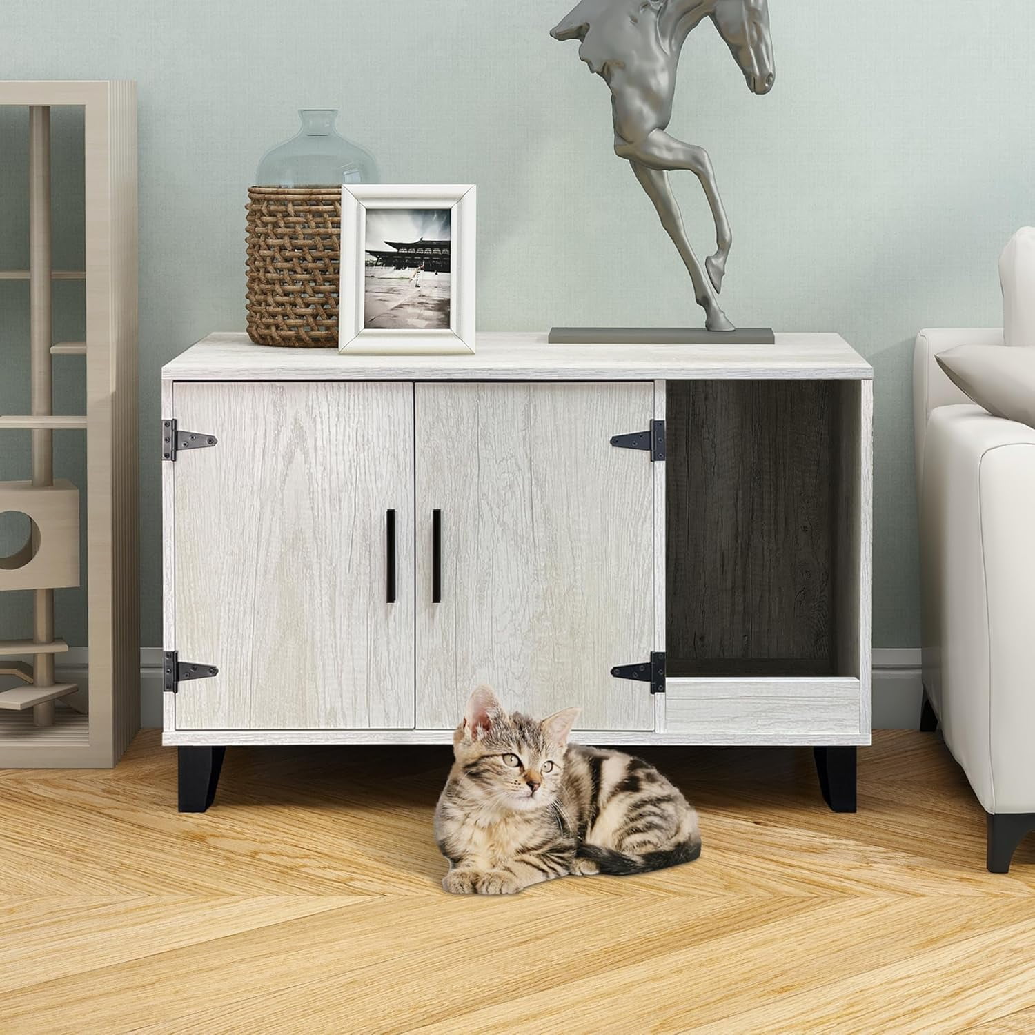 Cat Litter Box Enclosure Cabinet With Folding Door & Drawer - Hidden Litter Box Furniture, Wooden Cat House With Openable Top