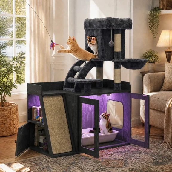 Litter Box Enclosure with Cat Tree, Hidden Cat Litter Box Furniture with LED Light & Scratching Board, Modular Cat Tower with Storage, All-in-One, Black