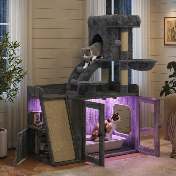 Litter Box Enclosure with Cat Tree, Hidden Litter Box with LED Light, Sisal Scratching Board and Storage Space, Modular Litter Box Furniture with Condo and Platform, All-in-one Cat Tower,Grey