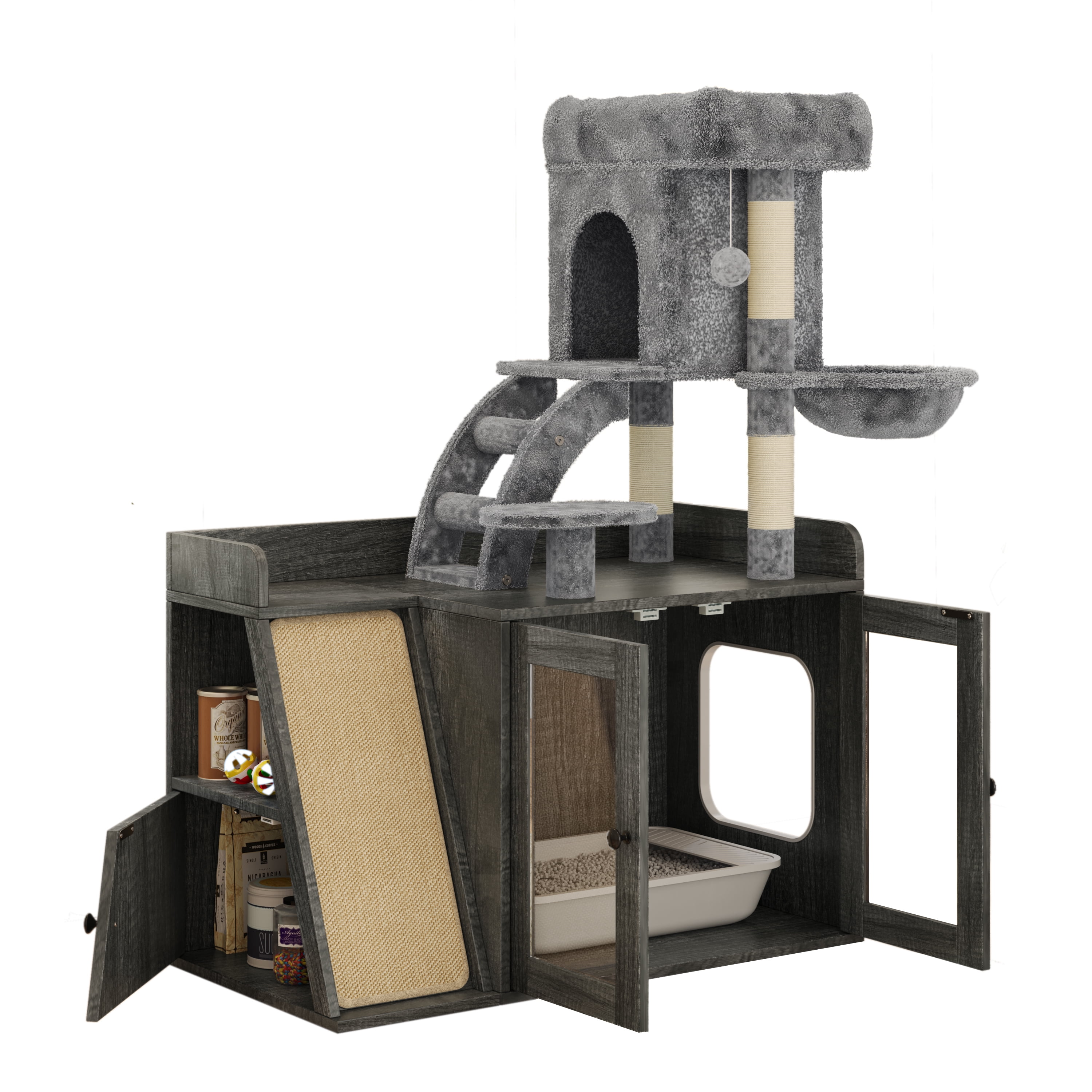 Litter Box Enclosure with Cat Tree, Hidden Litter Box with LED Light ...
