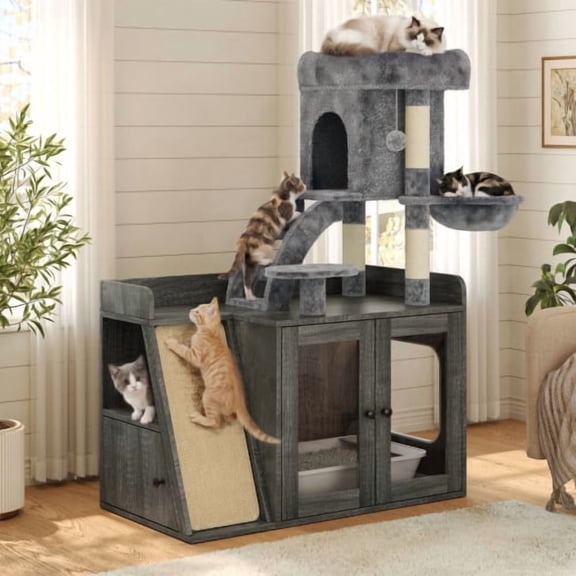 Litter Box Enclosure with Cat Tree, Hidden Litter Box with LED Light, Sisal Scratching Board and Storage Space, Modular  Litter Box Furniture with Condo and Platform, All-in-one Cat Tower,Grey