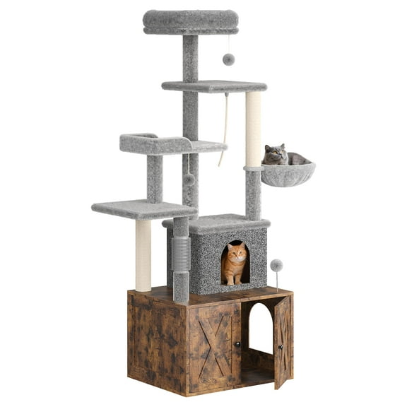 Litter Box Enclosure with Cat Tree,Modern Cat Condo, 2-in-1 Modern Cat Tower,Hidden Washroom Furniture,Wood Cat Condo with Scratching Post and Hammock,Indoor Pet Furniture with Multiple Platform