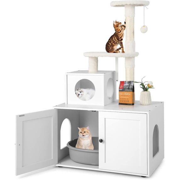 Litter Box Enclosure with Cat Tree Tower, 2-in-1 Hidden Cat Washroom with Cat Condo, Plush Perch, Scratching Posts, Hidden Cat Litter Box Furniture with Divider for Indoor Cats (White)