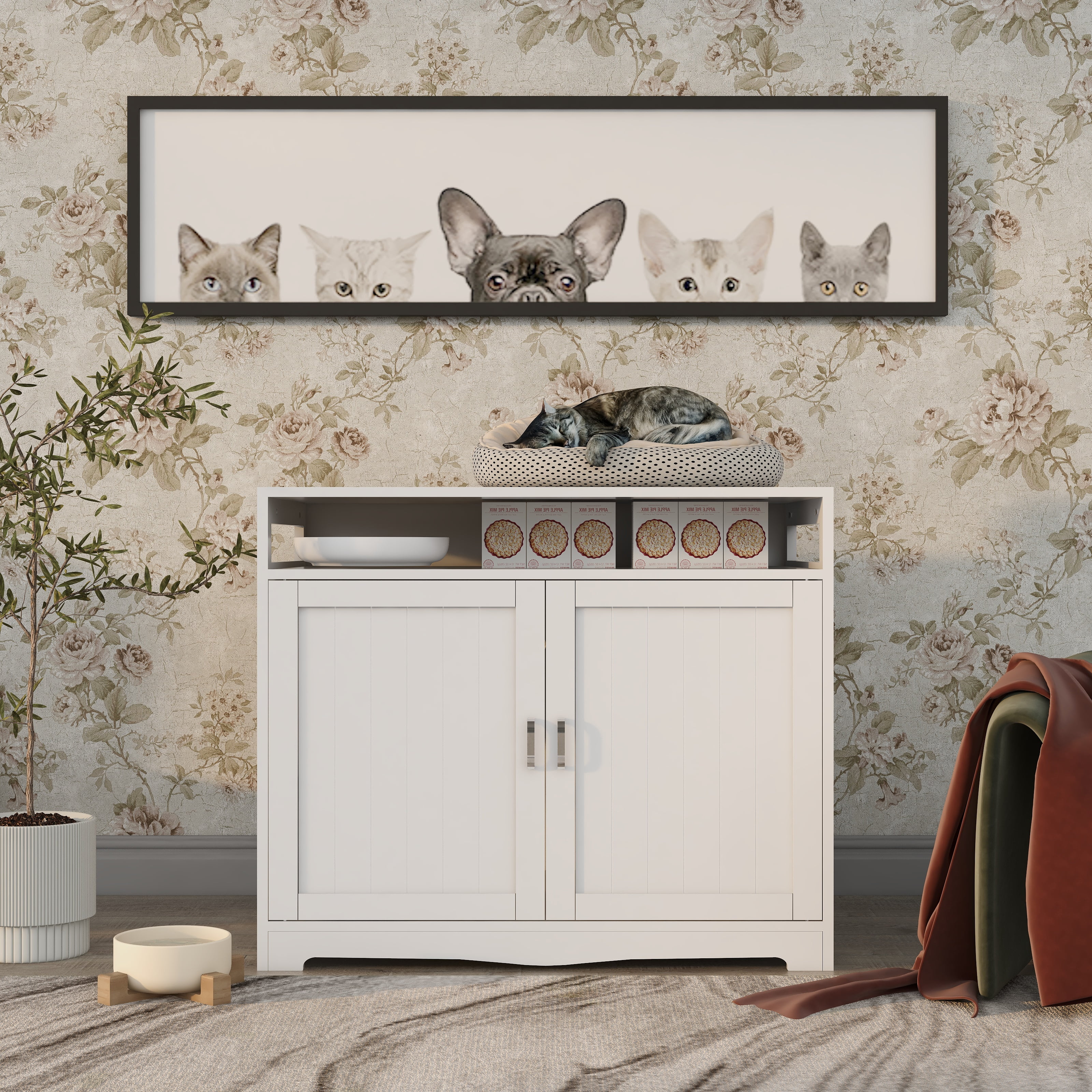 Litter Box Enclosure Furniture with Hidden Plug & 2 Doors, Large Wooden Cat Washroom Storage Bench Side Table, Indoor Pet House, White
