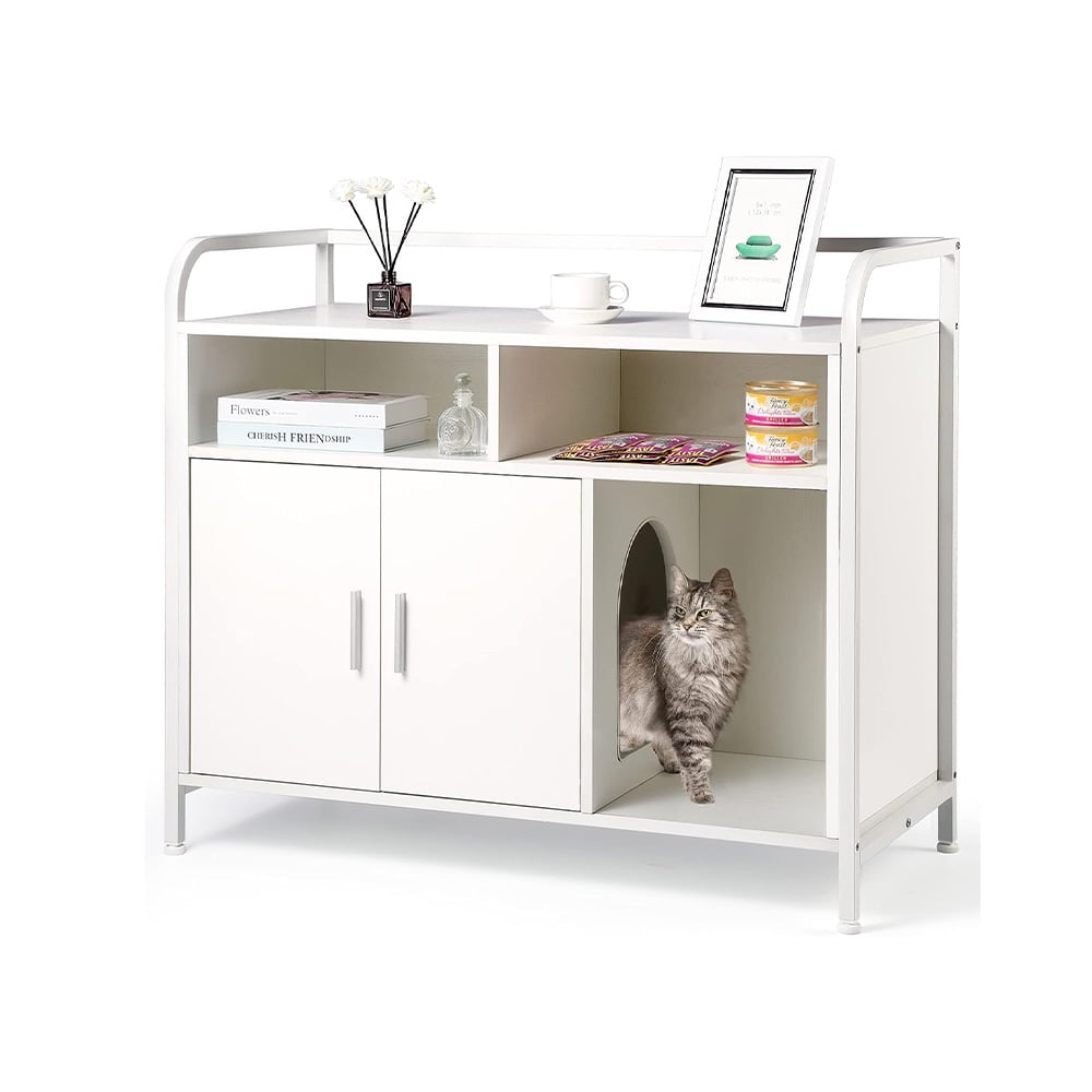 Litter Box Enclosure, Large Cat Washroom w/Doors for Storing Cat Food