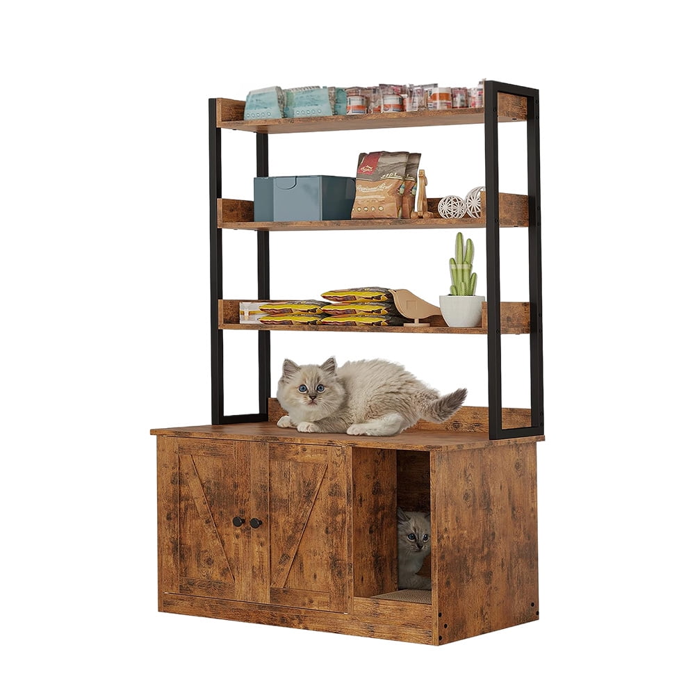 Litter Box Enclosure, Large Wood Cat Litter Box, Doors and Storage for Storing Cat Food,Cat