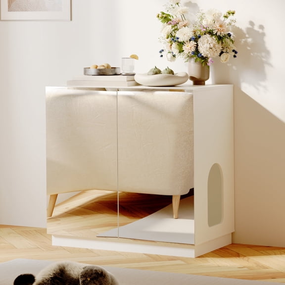 Litter Box Enclosure, Mirrored Large Litter Box Furniture, Modern Cat Litter Box Enclosure Furniture with Storage, Side Cabinet, 31.5"x19.7"x31.1"H, White