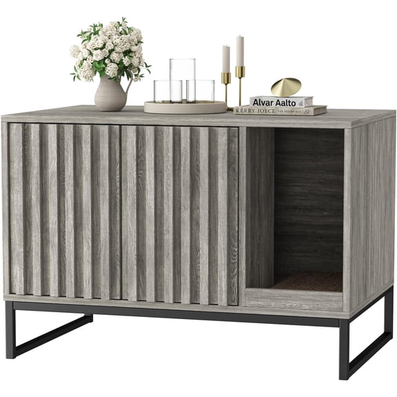 Litter Box Enclosure,Modern Cat Litter Box Enclosure Furniture Hidden Litter Box with Cat Scratch Pad, Cat Washroom Cat House End Table, Entryway Bench for Livingroom (Grey)