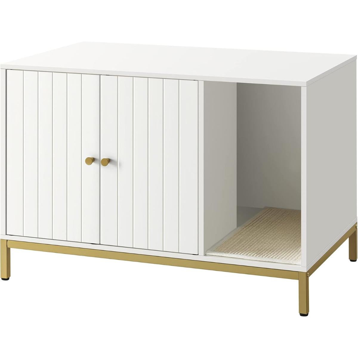 Modern White and Gold Cat Litter Box Enclosure with Tall Legs