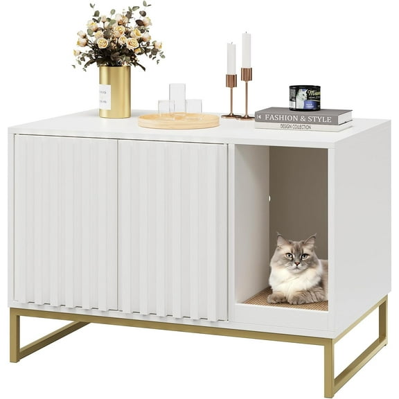 Litter Box Enclosure, Modern Fluted Hidden Litter Box Furniture,Cat Litter Box Enclosure with Scratching Mat,Cat House Side End Table,White