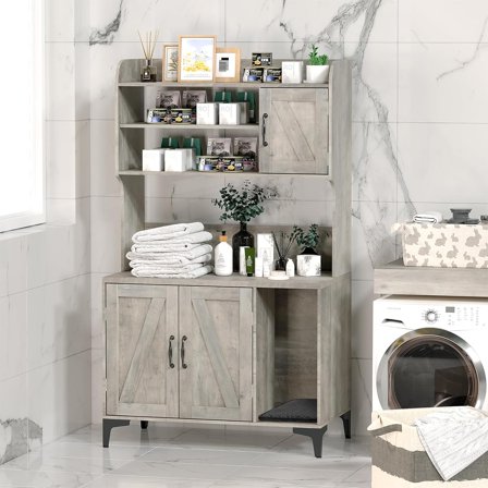 Litter Box Enclosure with Platform,51.1 inch Large Cat Litter Box Enclosure Furniture with 4 Layer Storage Shelves,Hidden Litter Box Cabinet,Multi-Functional Cat House & Washroom