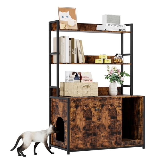 Litter Box Enclosure with Shelves, Cat Litter Box Furniture with Scratch Pad Hidden Kitty Litter Box Enclosure Furniture Indoor Cat House with 2 Doors for Most of Litter Box