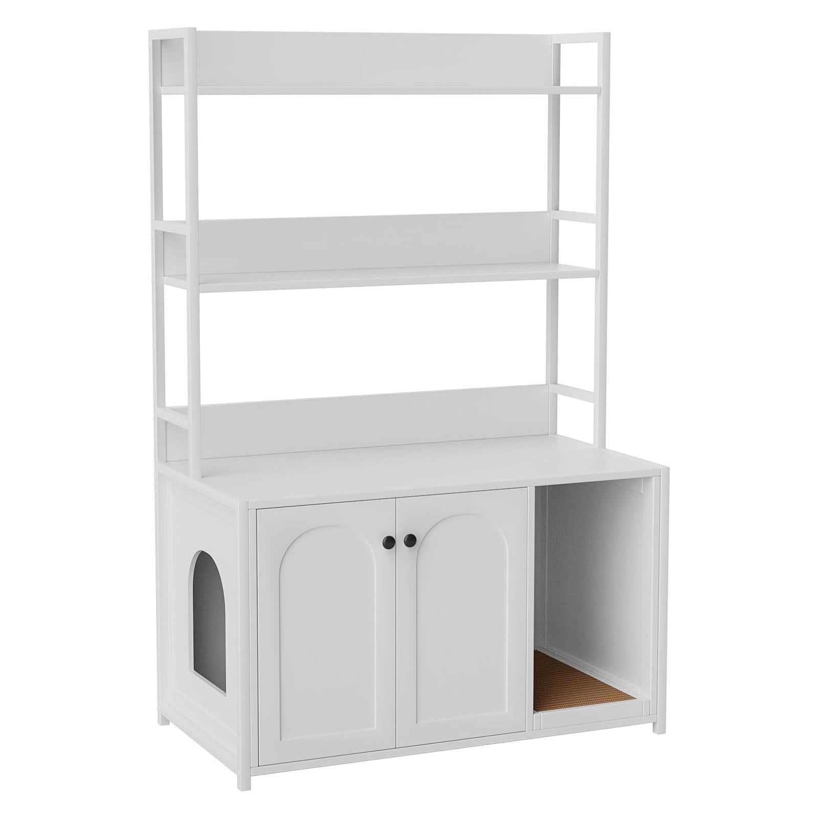 Litter Box Enclosure with Shelves, Wooden Hidden Cat Litter Box Enclosure Furniture with 2 Door, Indoor Cat House with Scratch Pad, Storage Cabinet Display Rack