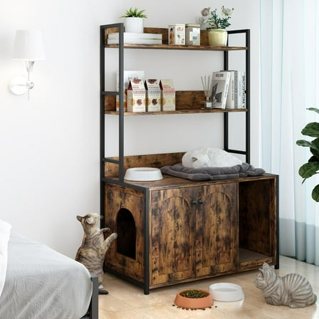 Litter Box Enclosure with Storage Shelves, Hidden Cat Litter Box Enclosure Furniture with 2 Doors and Scratch Pad, Large Indoor Wooden Cat Sanctuary House Cabines