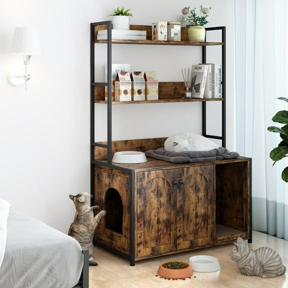 Litter Box Enclosure with Storage Shelves, Hidden Cat Litter Box Enclosure Furniture with 2 Doors and Scratch Pad, Large Indoor Wooden Cat Sanctuary House Cabines
