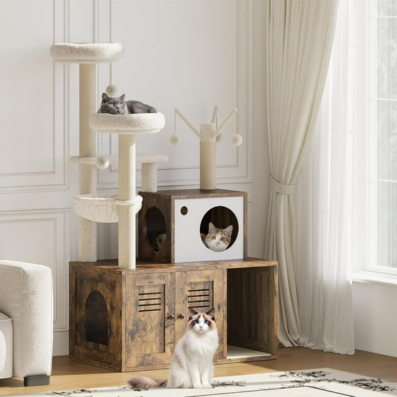 Litter Box Enclosure with Tree Tower and Condo, Wooden Cat Tower with Scratching Posts, Cat Hammock, Hidden Litter Box Furniture, Wooden Cat Furniture with Multiple Platforms, Rustic Brown