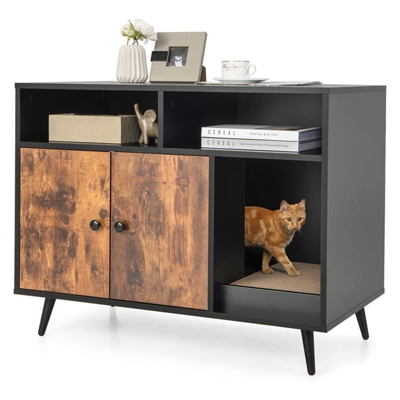 Litter Box Enclosure, Wooden Cat Litter Box Furniture with Shelves & Scratching Pad, Kitty Large Litter Box Washroom Cabinet End Table