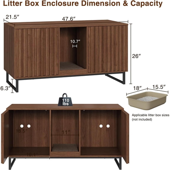 Litter Box Enclosure for 2 Cats, 47.6'' Hidden Furniture with Scratch Pad, Double Room Large Cabinet, Indoor Pet House TV Stand Side Table, Brown