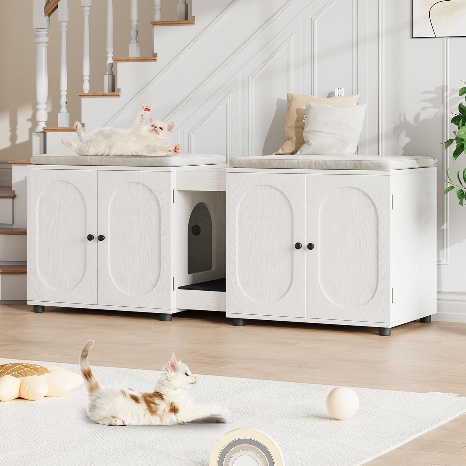 Litter Box Enclosure for 2 Cats,55.1" Cat Hidden Litter Box Enclosure Furniture with Double Room,Modern Wooden Enclosed Cat Litter Box Furniture