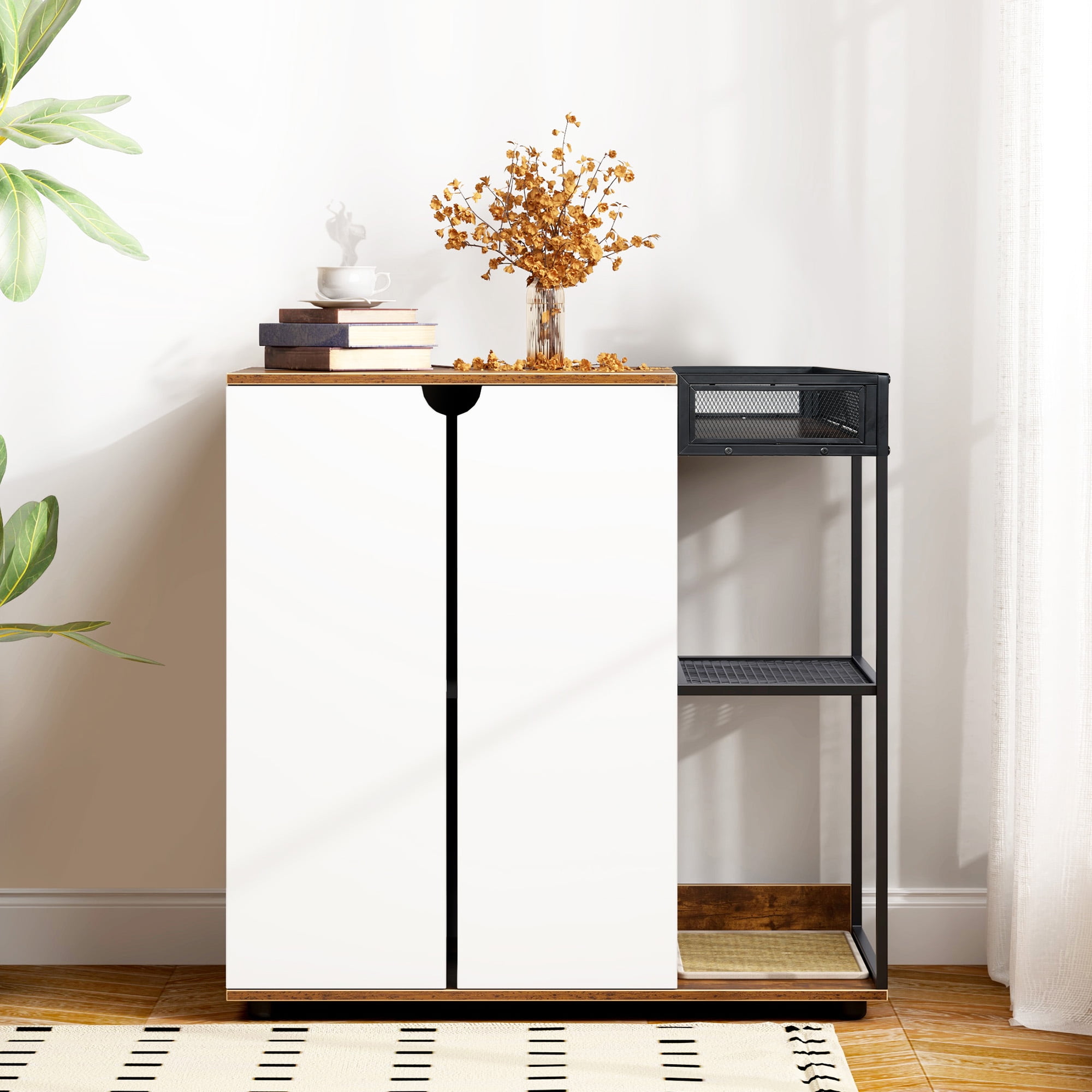 Rustic Brown and White Dual Cat Litter Box Enclosure Cabinet