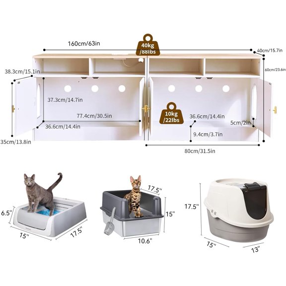 Litter Box Enclosure for 2 Cats, TV Stand with Storage & Outlet, 63 Inch Double Wooden Cabinet, White & Wood