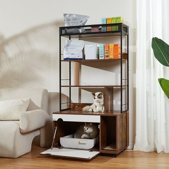 Litter Box Enclosure with 3 Tier Shelves,Hidden Litter Box Furniture