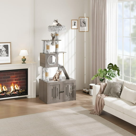 Litter Box Enclosure with Cat Tree, 2-In-1 Cat Tower, 66.9-Inch Tall Cat Condo with Scratching Posts