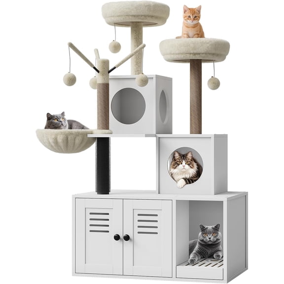 Litter Box Enclosure with Cat Tree Tower with Condo Hammock Scratching Posts and Multiple Soft Perches