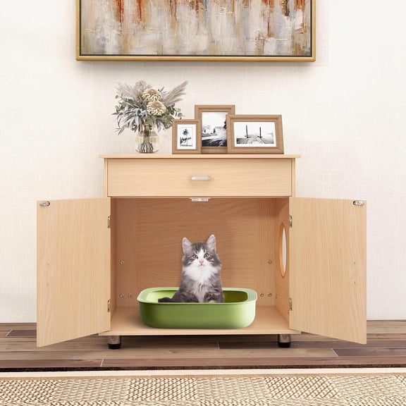 Litter Box Enclosure with Drawer and Adjustable Feet, Wooden Pet House Side End Table for Indoor Use