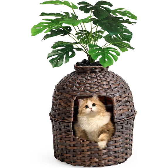Litter Box Furniture Enclosure, Handwoven Rattan with Litter Box and Artificial , Odor Control Filter, Real Stones in Living Room, Bedroom, Corner (Brown)