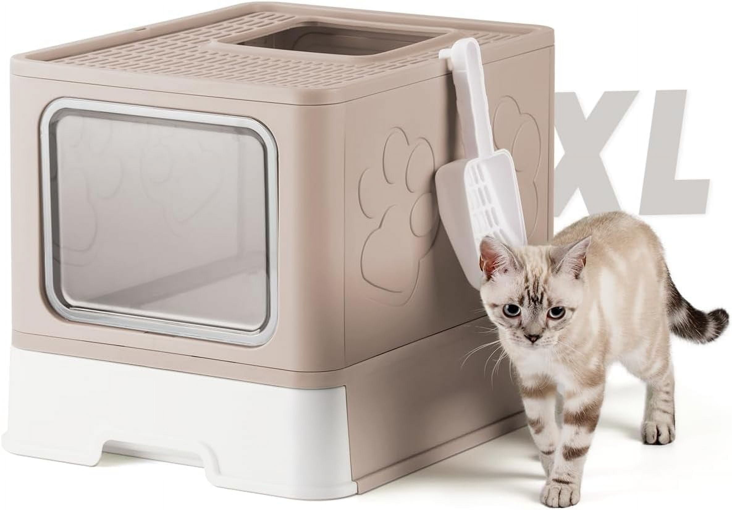 Enclosed Litter Box with Lid, X-Large Foldable Cat Litter Box, Covered Kitty Litter Box, Two-Way Entry and Exit Cat Box with Scoop, Odor Control, Easy to Clean(Coffee)