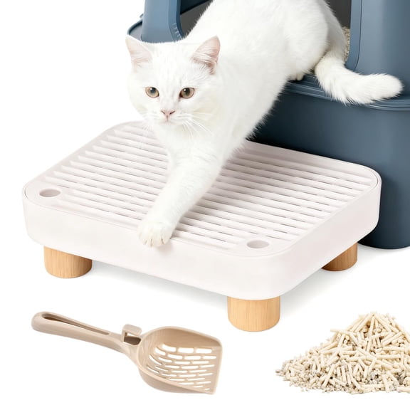 Litter Box Step with Shovel, Cat Litter Mat Ramp with Wooden Base for Easy Cleaning, Non Slip Pedal Stool for Kittens & Senior Cats, Tracking Design, Floor Protector, White