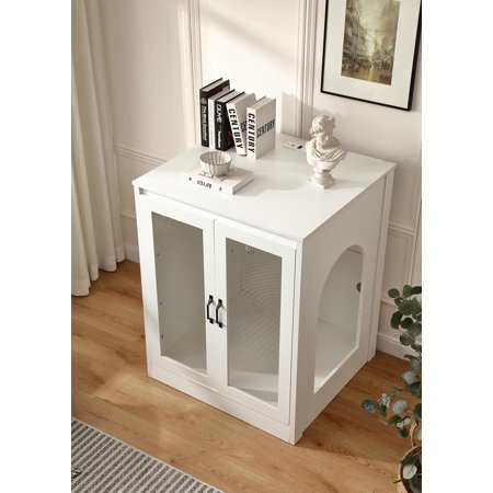 Litter Enclosure with Glass for -Cleaning Robot, White Modern Cabinet with LED Light and Reversible Entry