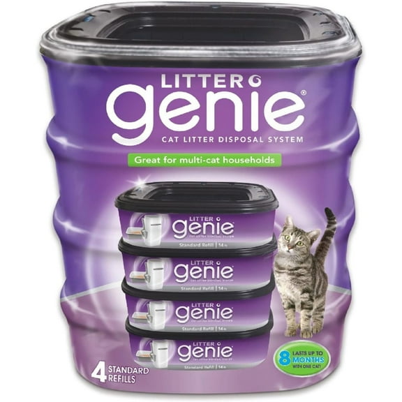 Litter Genie Refill Bags (4-Pack) | Multi-Layers of Odor-Barrier Technology | 1 Square Refill Cartridge Lasts Up to 2 Months Per Cat