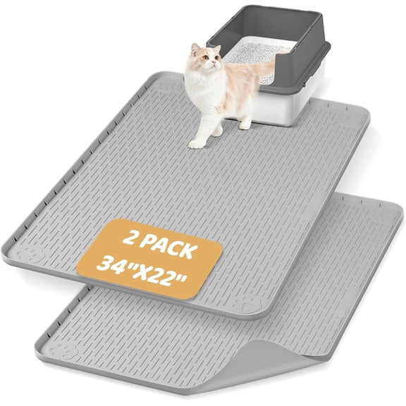 Litter Mat, 2  Large 34" x 22"  Mat Litter Trapping Mat for Scatter Control, Soft  Kitty Paws, Easy to Clean (Light Grey)