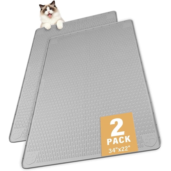 Litter Mat, 2 Pack Large 34" x 22"  Mat Litter Trapping Mat for Scatter Control, Soft  Kitty Paws, Easy to Clean (Light Grey)