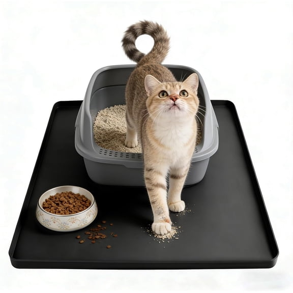 Litter Mat 24x20 In  Litter Box Mat Leak-Proof Thick Under Kitty Litter Box Feeding Tray with Raised Edges for Floor Carpet, Black